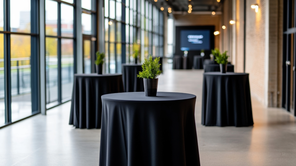 Black round tables at a fundraising event