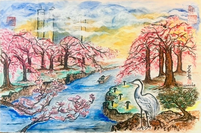 Outside painting of Cherry Blossoms & Crane