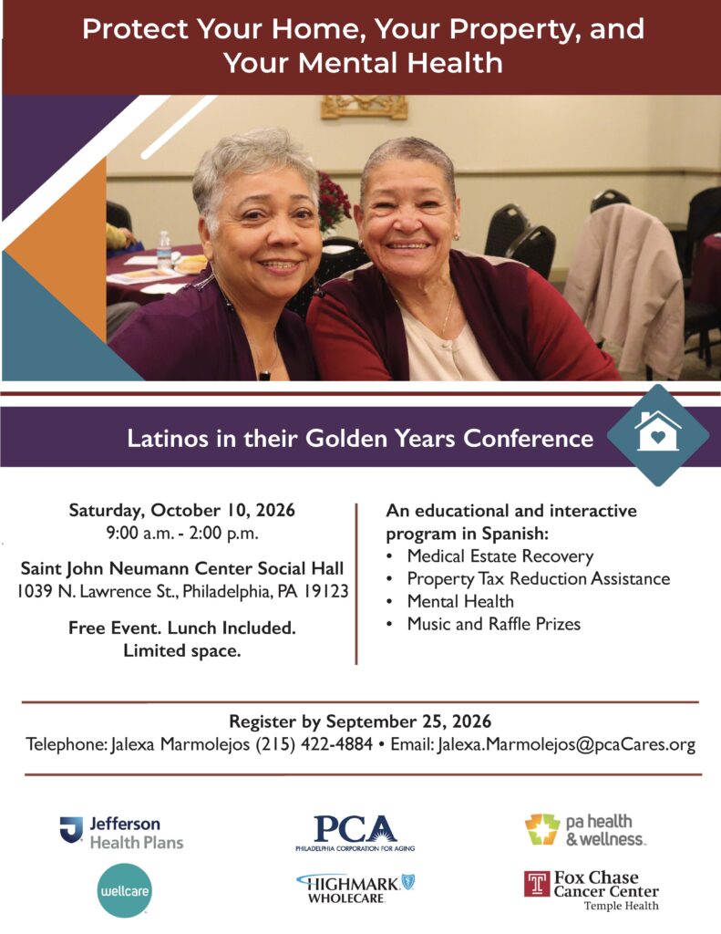 Two smiling older Latinas seated together at a community event, shown on a flyer promoting a free "Latinos in their Golden Years" conference about protecting home, finances, and mental health in Philadelphia on October 10, 2026.