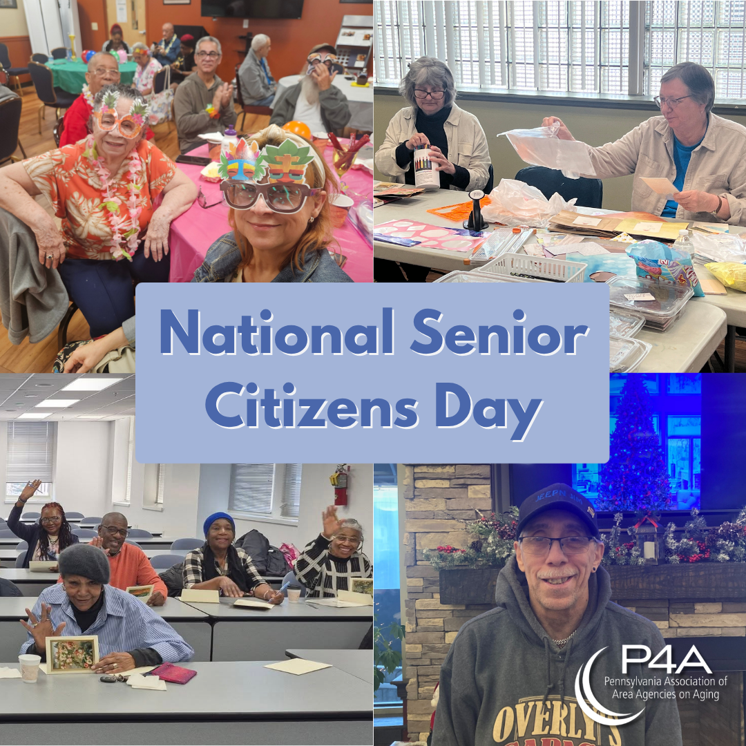 Collage of photos showing Older Adults participating in social activities, crafts, classes, and community events, with text reading “National Senior Citizens Day.
