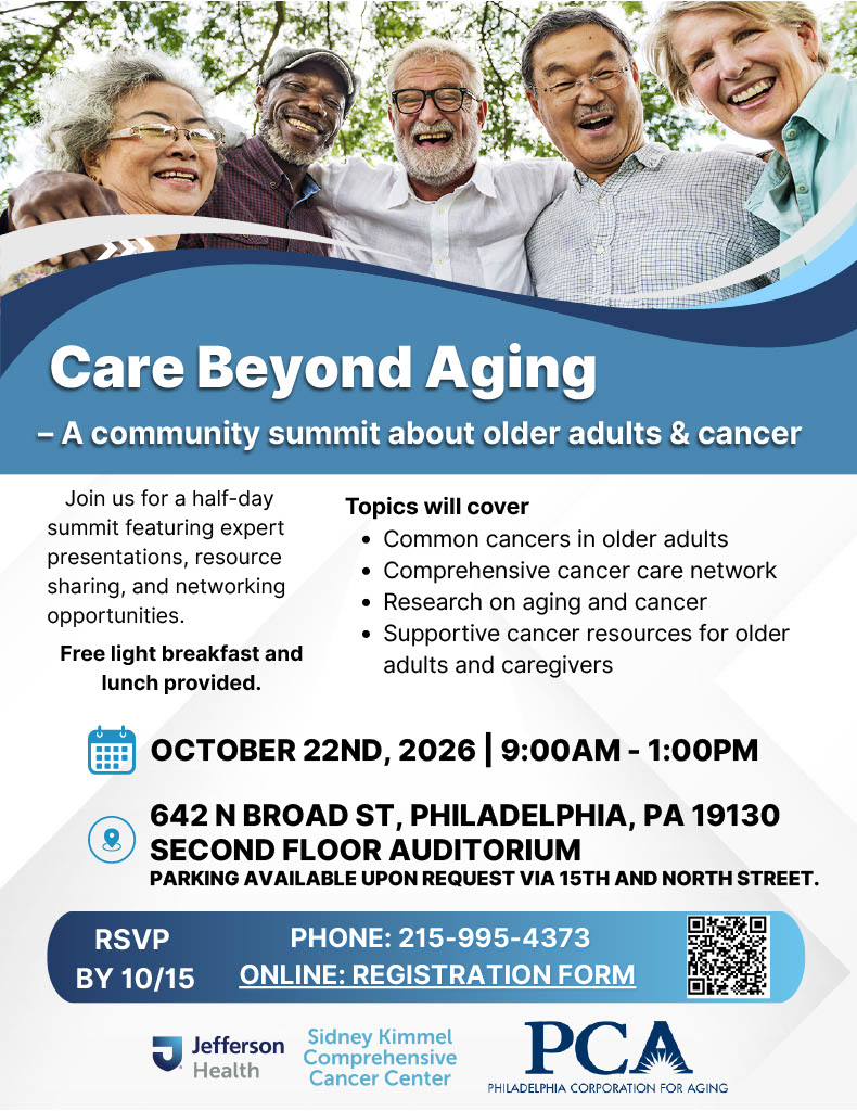 Flyer promoting "Care Beyond Aging," a community summit about older adults and cancer (Oct 22, 2026, 9:00 AM–1:00 PM), showing smiling diverse older adults at the top, listed topics (common cancers, care networks, research, resources), RSVP info and organizer logos.